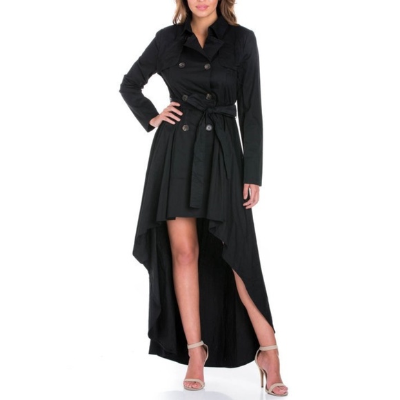 Black Hi Low Peplum Trench Coat - Picture 4 of 8